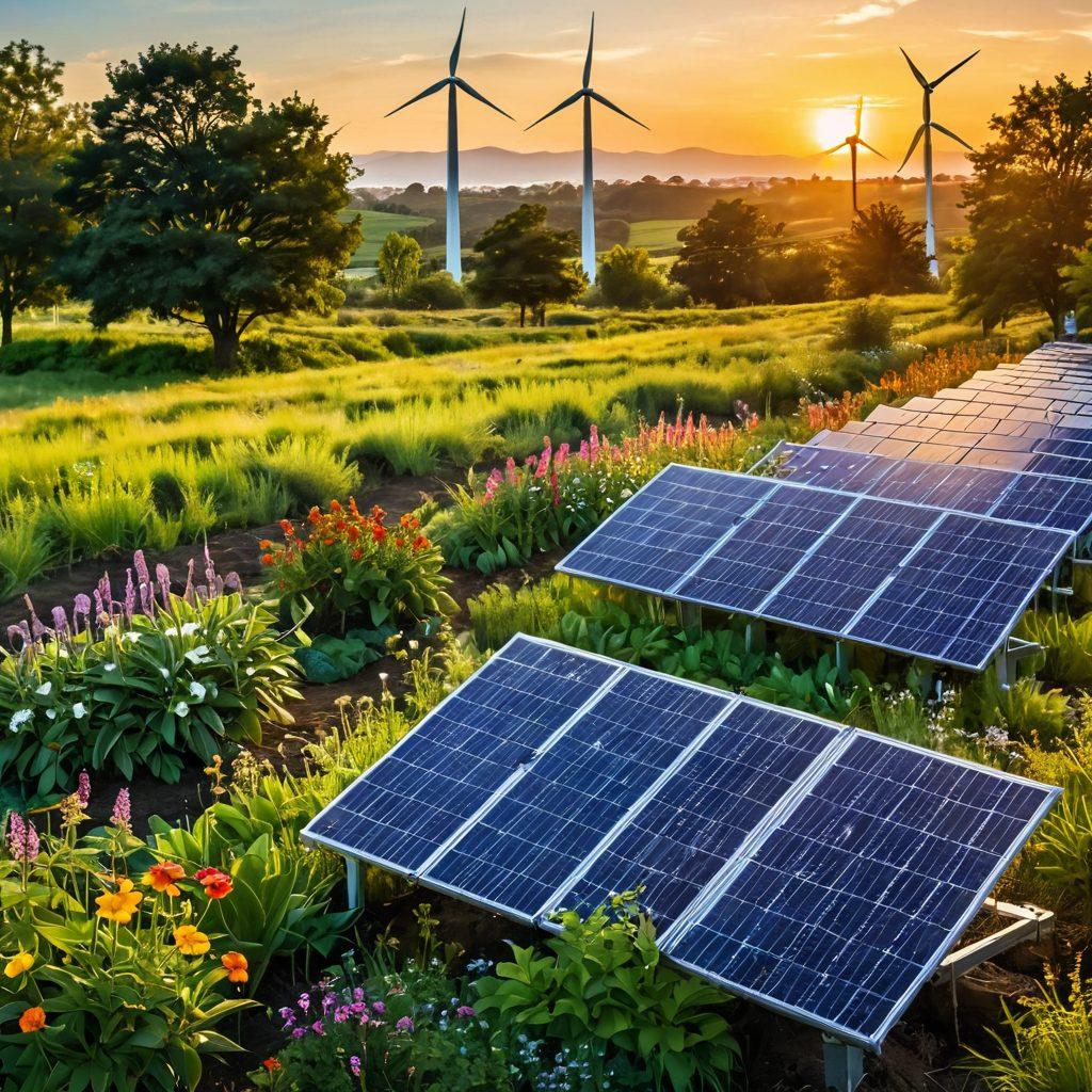 A lush, green landscape adorned with diverse plant species symbolizing eco-friendliness, where multicolored flowers bloom harmoniously. In the foreground, diverse individuals of various backgrounds are joyfully engaging in sustainable activities like planting trees, recycling, and sharing ideas. The sun shines brightly, casting a warm glow that emphasizes vibrancy and hope for a sustainable future. Include elements like solar panels and wind turbines in the background to enhance the theme of sustainability. ultra-realistic. vibrant colors. nature-focused.