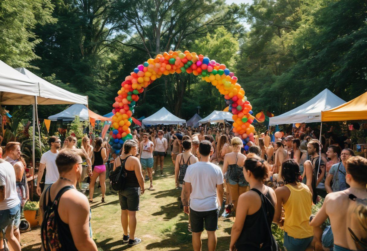 A colorful gathering of diverse individuals from the LGBTQ+ community, celebrating a vibrant outdoor festival surrounded by lush greenery, adorned with eco-friendly decorations and art installations made from recycled materials. The atmosphere is filled with joy, smiles, and the warm glow of sunlight filtering through trees, portraying a sense of inclusivity and love for the planet. super-realistic. vibrant colors. nature-inspired.