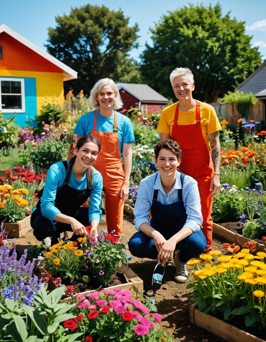 A vibrant garden scene filled with colorful flowers and plants, with a diverse group of queer individuals engaging in joyful activities like planting and watering. Each person exhibits unique styles, showcasing a rainbow palette in their clothing. In the background, a small, cozy community garden with eco-friendly tools and a bright blue sky. Emphasize an atmosphere of cheerfulness and sustainability. impressionistic style. vibrant colors.